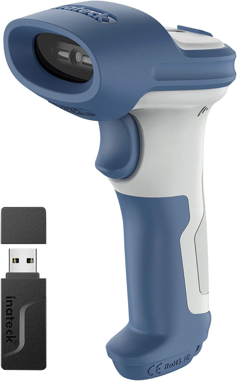 Inateck ماسح الباركود بلوتوث، ماسح باركود لاسلكي 2D، محول بلوتوث 5.0 و 2.4Ghz، قارئ 3 في 1، يدعم باركود GS1، BCST-73 أزرق أبيض - Image 1